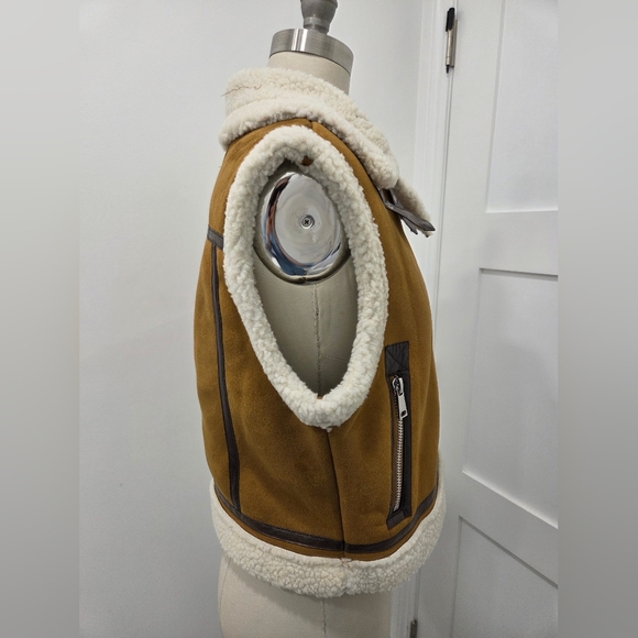Mark Edwards Studio Brown and Cream Shearling Lined Aviator Vest Size S - Picture 3 of 10